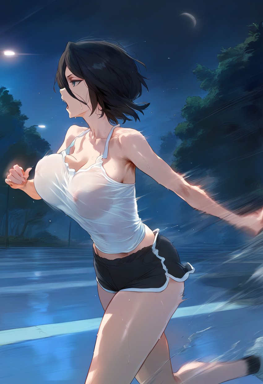 1girls ai_generated alternate_breast_size big_breasts black_hair bleach bouncing_breasts erect_nipples erect_nipples_under_clothes jogging kuchiki_rukia large_breasts lungart night nipple_bulge nipples nipples_visible_through_clothing outdoors outside see-through see-through_clothing see-through_shirt short_hair shorts tank_top