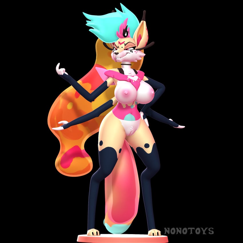 3d_(artwork) 3d_modeling 3d_print 4_arms anthro breasts canid clothing digital_media_(artwork) female footwear gloves half-closed_eyes handwear helluva_boss hi_res mammal multi_arm multi_limb narrowed_eyes nipples nonotoys queen_bee-lzebub_(helluva_boss) simple_background smile socks solo standing teeth wings yellow_body