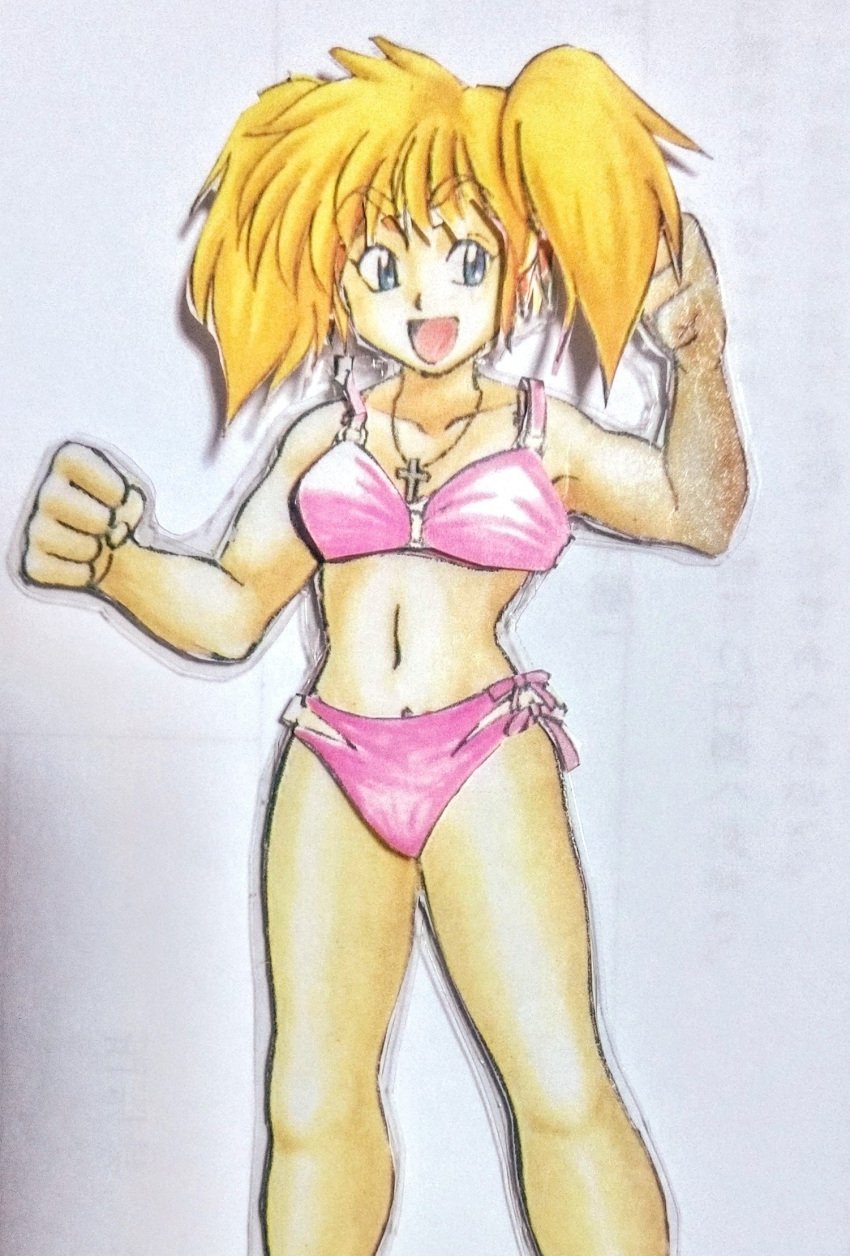 1990s 1girls alternate_hairstyle big_breasts bikini blonde_hair breasts busty cleavage cross cross_necklace female female_only green_eyes highres janne_d'arc jewelry large_breasts legs medium_hair navel necklace open_mouth pink_bikini retro_artstyle smile snk solo swimsuit thighs tongue traditional_media traditional_media_(artwork) twintails voluptuous world_heroes