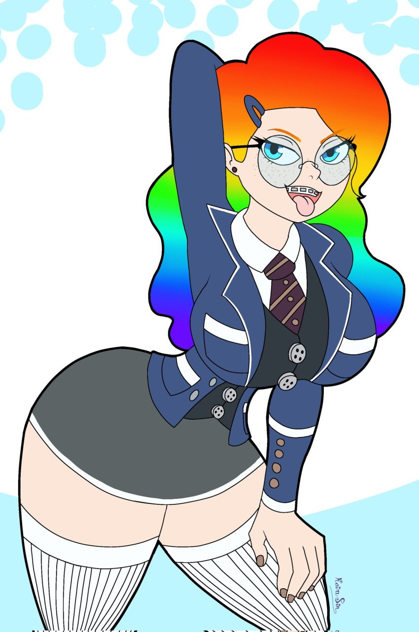 big_breasts black_skirt blue_eyes blue_jacket bracers breasts earrings glasses hand_behind_head hand_on_knee kairasin looking_at_viewer multicolored_hair piercings posing rainbow_hair school_uniform schoolgirl stockings teasing teasing_viewer thick_thighs thighs tie tongue_out uniform