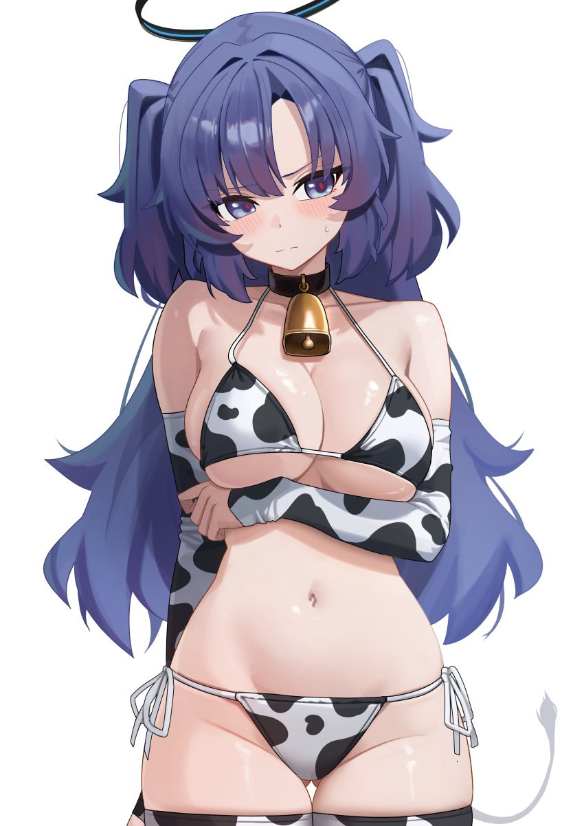 absurdres alternate_costume animal_print arm_under_breasts bare_shoulders bell bikini black_halo blue_archive blue_eyes blue_hair blush breasts cleavage closed_mouth cow_print cow_print_bikini cow_print_sleeves cow_print_thighhighs cowbell cowboy_shot detached_sleeves female gluteal_fold halo highres large_breasts long_hair looking_at_viewer mcbox mechanical_halo millennium_science_school_student navel neck_bell print_bikini print_thighhighs seminar_(blue_archive) side-tie_bikini_bottom simple_background solo stomach swimsuit thigh_gap thighhighs two_side_up white_background yuuka_(blue_archive)