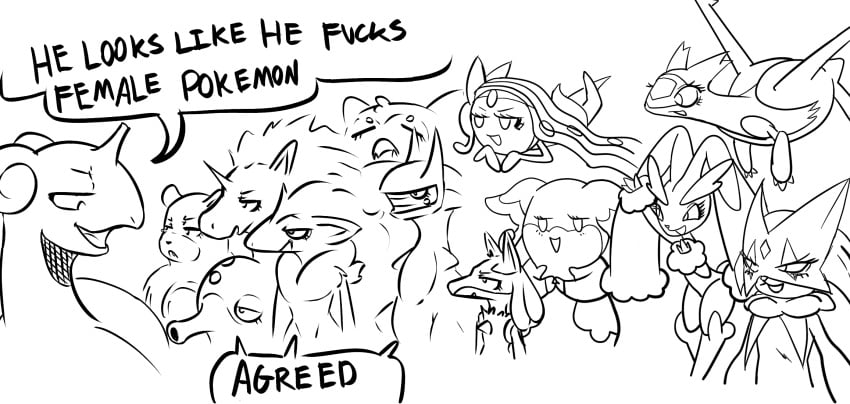 audino dialogue english english_text gen_1_pokemon gen_2_pokemon lapras lopunny lucario meme meowscarada octillery pokemon pokemon_(species) she_looks_like_she_fucks_human_men_(meme) shitpost speech_bubble text ursaring white_devils_"agreed"