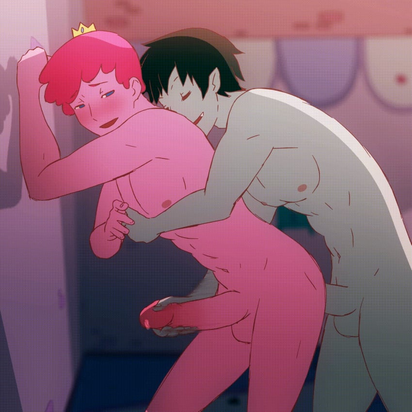 2boys abs adventure_time against_wall anal_sex animated animated black_hair blue_eyes blush closed_eyes crown fangs gay grey_skin handjob happy_sex looking_at_partner looking_back male_only manyakis marshall_lee pink_hair pink_skin precum precum_drip prince_gumball sex shadow short_hair standing standing_sex testicles yaoi