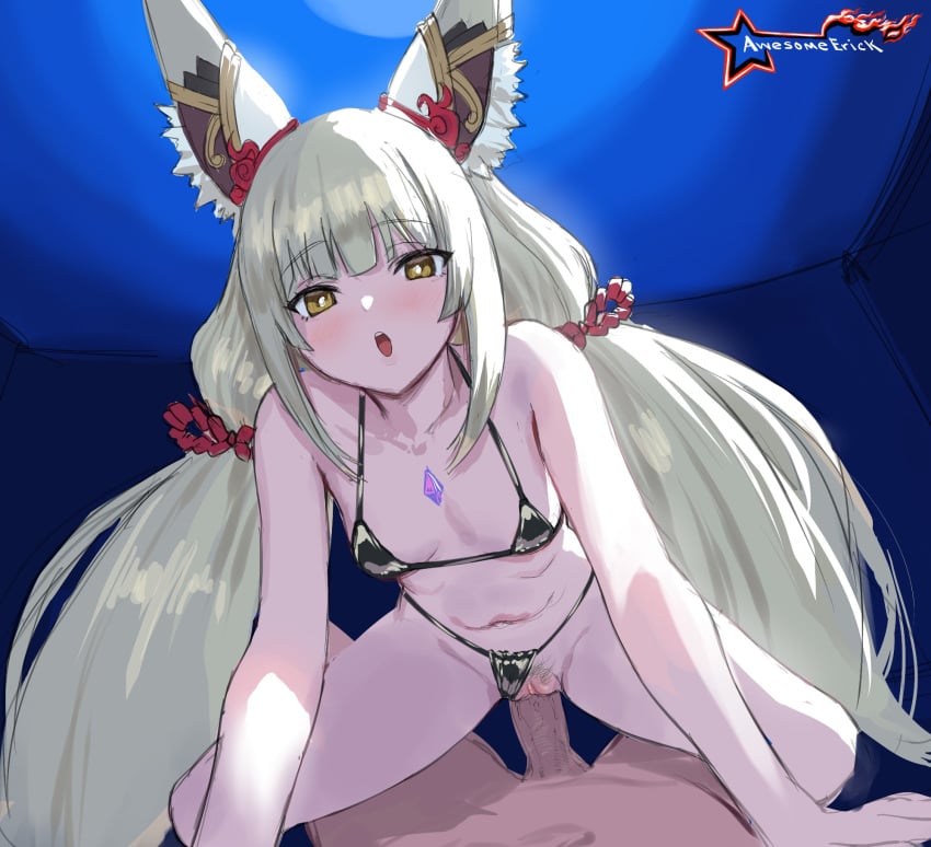 1boy animal_ears artist_logo awesomeerix bikini bikini_bottom_aside breasts cat_ears chest_jewel clothing_aside core_crystal cowgirl_position female grey_hair halterneck logo long_hair looking_at_viewer low_twintails navel nia open_mouth penis pov sex small_breasts straddling string_bikini swimsuit twintails uncensored xenoblade_(series) xenoblade_chronicles_2 yellow_eyes