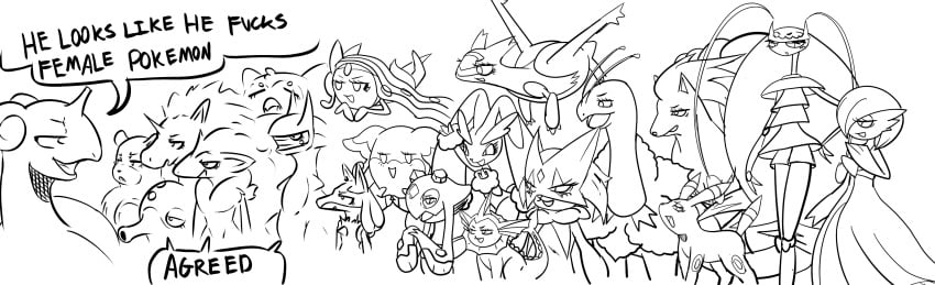 6+girls absurdres arceus audino creatures_(company) english_text game_freak gardevoir gen_1_pokemon gen_2_pokemon gen_3_pokemon gen_4_pokemon gen_5_pokemon half-closed_eyes highres latias legendary_pokemon legs lopunny lucario meme monochrome multiple_girls mythical_pokemon nintendo pokemon pokemon_(creature) profanity she_looks_like_she_fucks_human_men_(meme) sketch smile smug thighs umbreon vaporeon white_devils_"agreed"