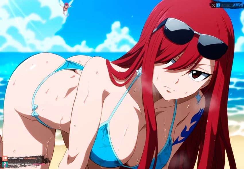 ai_generated beach big_breasts bikini brown_eyes erza_scarlet fairy_tail fairy_tail_100_years_quest female juanpiamvs long_hair patreon patreon_username red_hair subscribestar subscribestar_username watermark