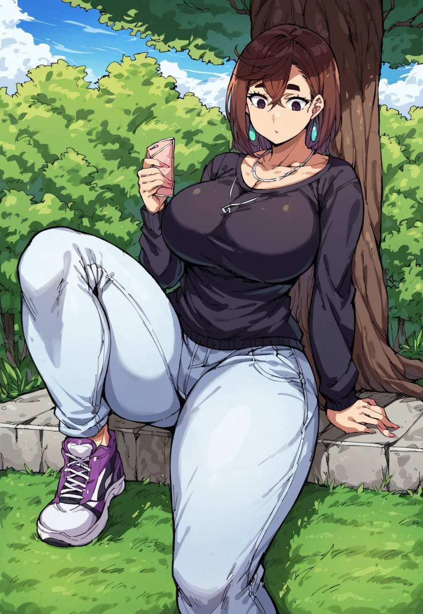 ai_generated ayase_momo cap civitai dandadan giantess hourglass_figure huge_breasts jacket outdoors shoes size_difference smiling