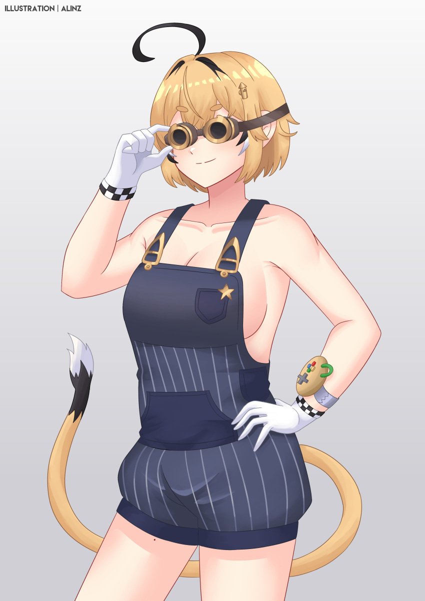 adjusting_goggles alinz artist_name blonde_hair cleavage conductor_uniform dooby3d gloves goggles green_eyes hand_on_hip indie_virtual_youtuber jerboa jerboa_humanoid naked_under_clothes no_bra sideboob simple_background tail virtual_youtuber watermark wearing_goggles