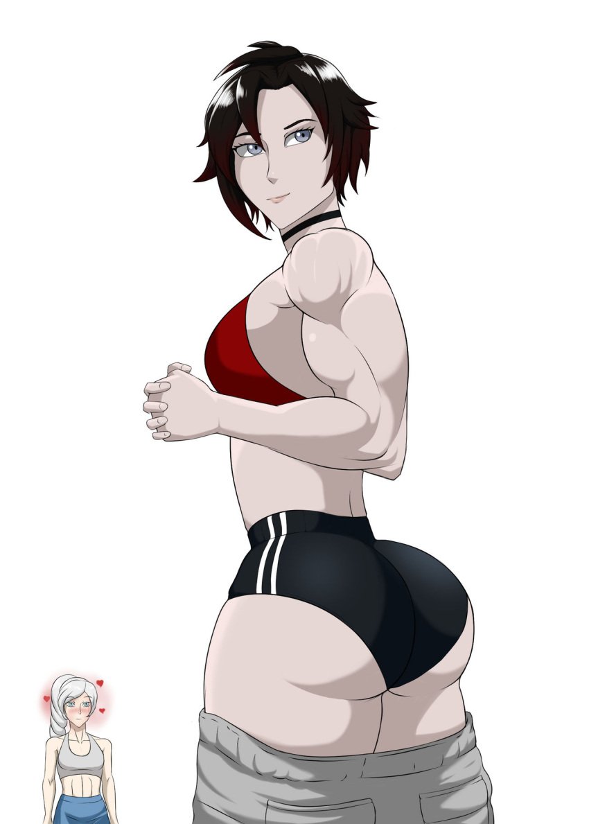 big_ass blush bubble_butt female_only muscular ruby_rose rwby shorts sweat_pants titalisk weiss_schnee