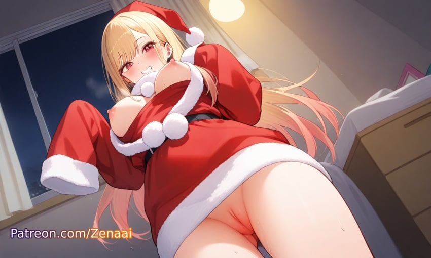 1girls ai_generated bangs bare_legs bedroom blonde_hair blush breast_out breasts christmas female from_below hat indoors kitagawa_marin large_breasts long_hair looking_at_viewer nipples no_panties patreon piercing pussy red_eyes santa_costume santa_hat sleeves_past_wrists smile solo sono_bisque_doll_wa_koi_wo_suru standing sweat uncensored wet wet_pussy zenaai