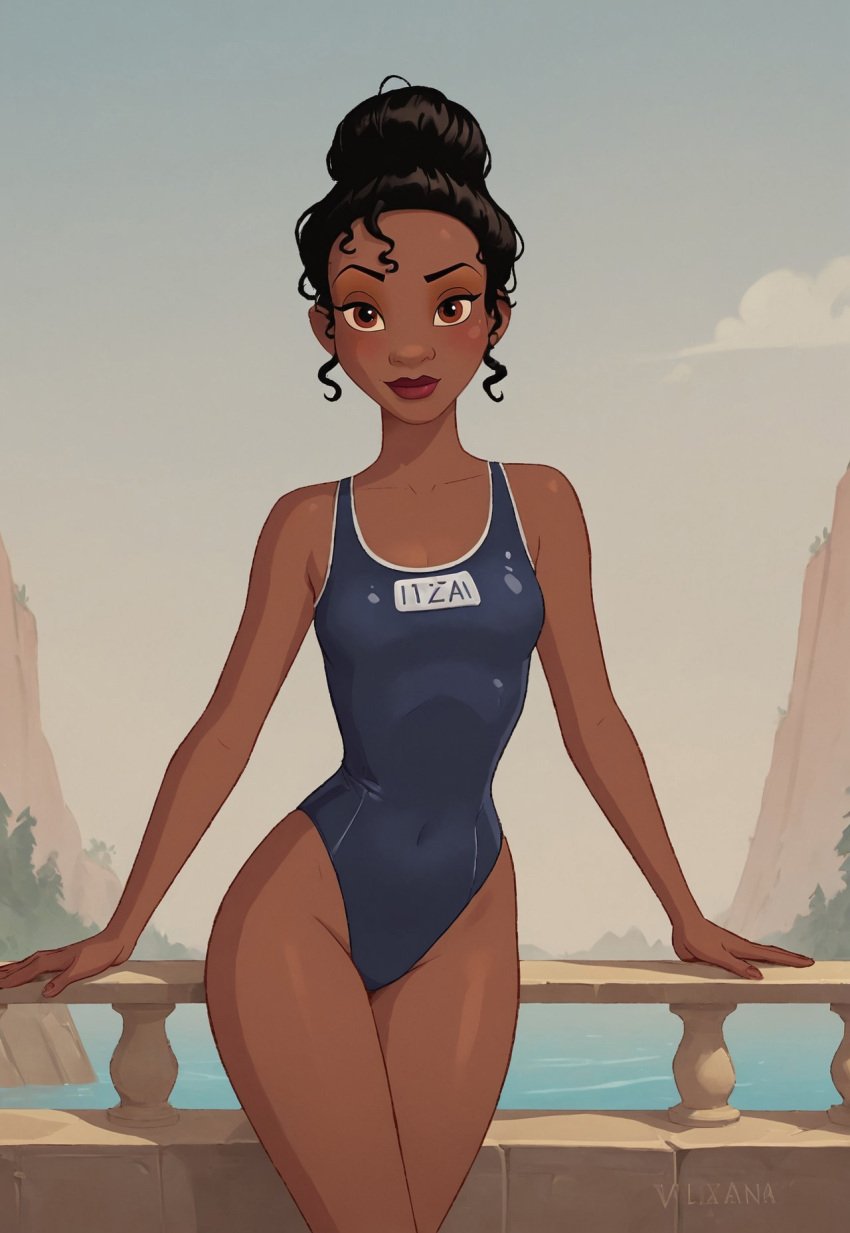 ai_generated arm_support black black_hair blue_swimsuit brown_eyes cloud covered_navel crossed_legs dark_skin disney disney_princess female groin lips looking_at_viewer medium_breasts nametag one-piece_swimsuit outdoors princess_tiana railing sandlecrantz_(ai_generator) school_swimsuit sky smile sukumizu the_princess_and_the_frog thighs tiana water