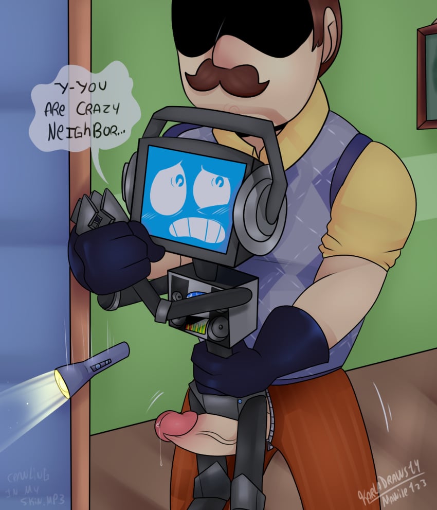 anthro blush facial_hair fandroid flashlight grabbed headphones hello_neighbor human human_on_anthro interspecies jukebox karladraws14 machine male mammal mawile123 moustache neighbor_(hello_neighbor) penis robot scared screen_face speech_bubble text tinybuild yaoi