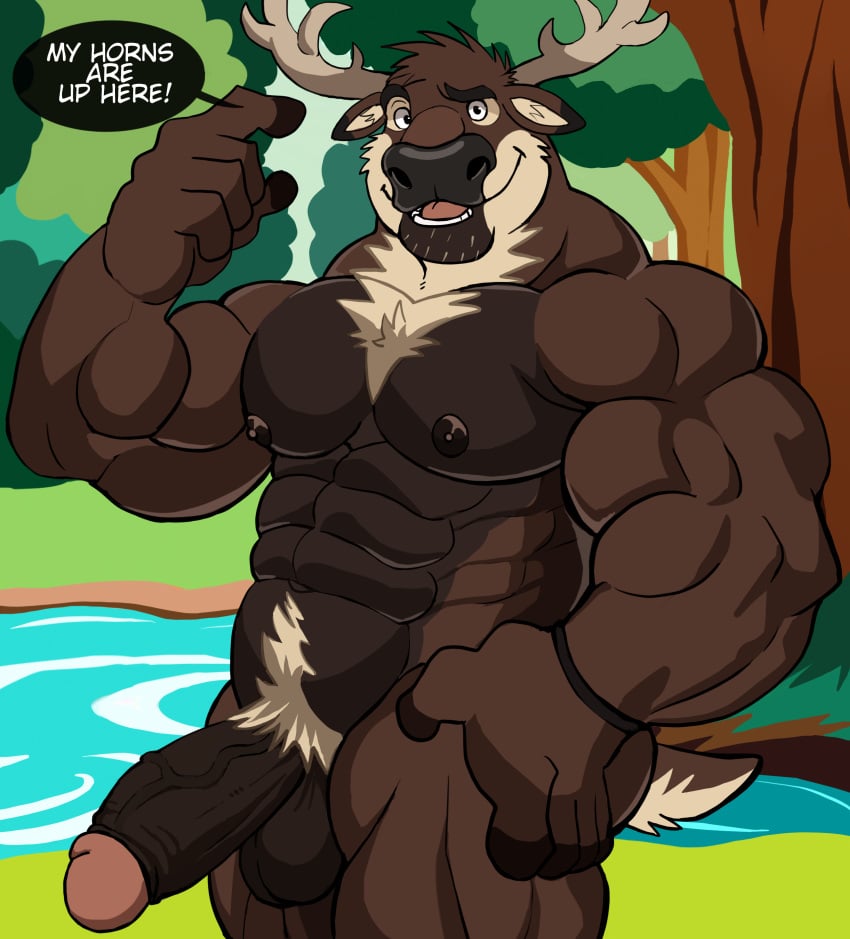 abs absurd_res anthro antlers areola balls biceps big_penis biped boner brown_body brown_fur countershade_tail countershading darknaigart deer english_text erection fur genitals glans hi_res horn humanoid_genitalia humanoid_penis jett_(darknaig) male male_only mammal muscular muscular_anthro muscular_male nipples nude pecs penis plant solo solo_male tail text tree vein veiny_penis