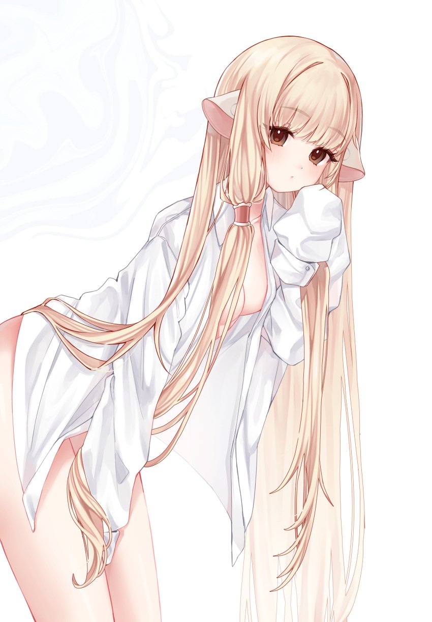 absurdly_long_hair bare_legs blonde_hair blunt_bangs breasts brown_eyes chii chobits closed_mouth collared_shirt cowboy_shot dot_mouth dot_nose expressionless female from_side hair_between_eyes hand_between_thighs hiruchii_(hiruruchyan) humanoid_robot leaning_forward long_hair long_sleeves looking_at_viewer naked_shirt no_bra no_panties open_clothes open_shirt persocom robot robot_ears shirt simple_background sleeves_past_fingers sleeves_past_wrists small_breasts solo standing very_long_hair white_background white_shirt