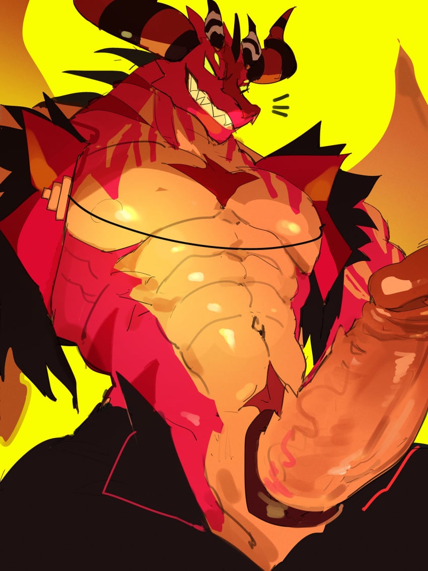 abs absurd_res anthro arun_six demon digital_drawing_(artwork) digital_media_(artwork) dragon erection hi_res horn male male_anthro male_only muscular muscular_anthro muscular_male mythological_creature mythological_scalie mythology navel satan_(helluva_boss) scalie solo