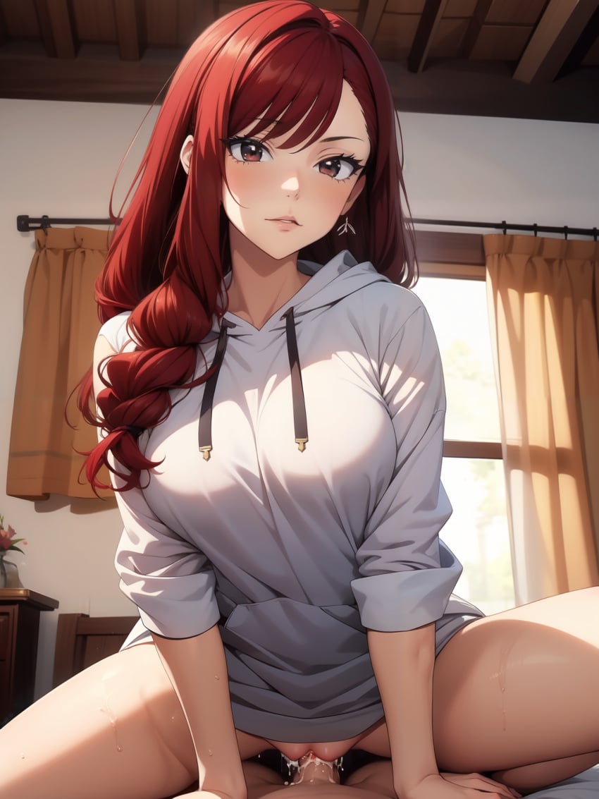 ai_generated baby_making covered_breasts cowgirl_position cum_in_pussy cum_inside dominant_female exposed_pussy fairy_tail hoodie irene_belserion large_breasts looking_at_viewer pov pov_male red_hair