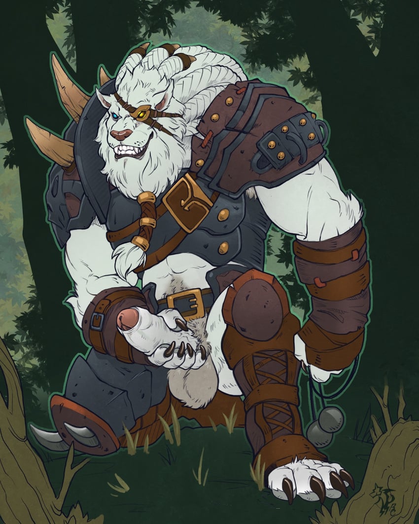 2017 armor badcoyote braided_hair claws erection eye_patch eyewear feline fur grass grin hair hi_res league_of_legends leaves lion male male_only mammal penis rengar riot_games smile solo tree video_games white_fur