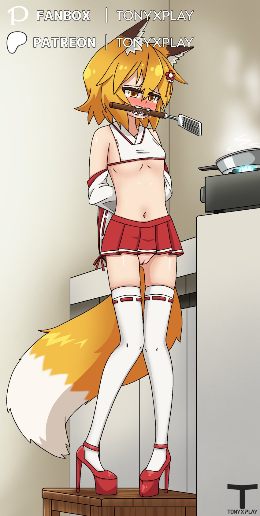 1girls animal_ears blush blush_lines blushing_female bondage female fox_ears fox_girl fox_tail hair_ornament kitsune navel no_panties orange_eyes orange_hair patreon patreon_logo patreon_username pixiv_username pussy saliva senko_(sewayaki_kitsune_no_senko-san) sewayaki_kitsune_no_senko-san short_hair short_shirt short_skirt socks solo_female spatula stuffed_mouth teeth teeth_showing teeth_visible thighhighs thighs tied_arms tied_hands tony_x_play tonyxplay vagina