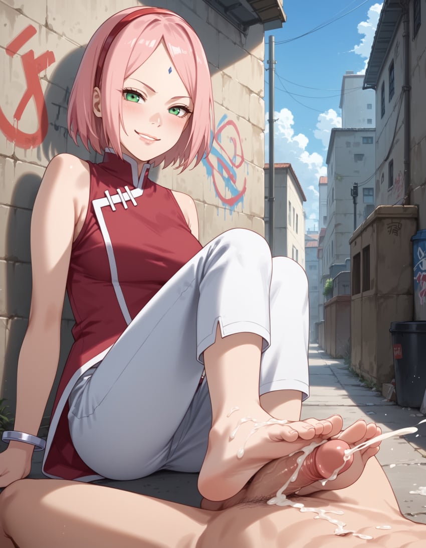 1boy 1girls 5_toes against_wall ai_generated alley barefoot bent_over blush boruto:_naruto_next_generations china_dress chinese_clothes climax cum cumshot erect_penis erection faceless_male feet feet_together feet_up female female_focus fetish foot_fetish foot_focus footjob graffiti graffiti_on_wall green_eyes grin hairband kunoichi leaning leaning_forward light-skinned_female light-skinned_male light_skin looking_at_partner looking_at_partner's_penis looking_at_penis male_pov milf nai_diffusion nail_polish naruto naruto_(series) naughty_face ninja outdoors outercourse pale-skinned_female pale_skin pants partially_clothed penis petite pink_hair pov pov_feet pubic_hair sakura_haruno sex sitting smile spread_legs stable_diffusion straight toenail_polish toenails toes uncensored voluptuous waifuinvoker