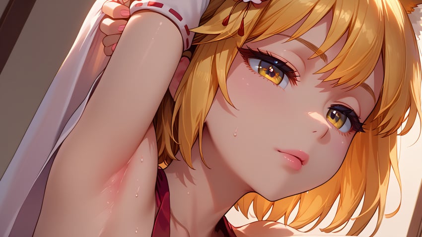 1girls ai_generated armpits arms_up blush close-up fox_ears fox_girl indoors looking_at_viewer orange_hair senko_(sewayaki_kitsune_no_senko-san) sewayaki_kitsune_no_senko-san short_hair shrine_maiden sweat yellow_eyes