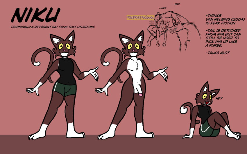 anthro bottomwear canid canine canis chest_tuft clothing detached_tail dipstick_tail domestic_cat felid feline felis femboy fur genitals hi_res hotpants justniku male male_only mammal markings maroon_fur model_sheet multicolored_body multicolored_fur niku_(justniku) penis question_mark shirt shorts tail tail_markings tank_top text topwear tuft two_tone_body two_tone_fur white_body white_fur wolf yellow_eyes