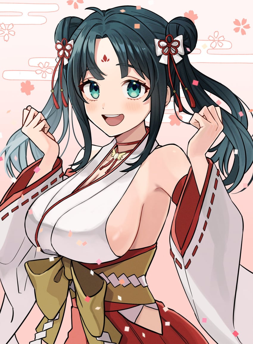 absurdres ahoge amano_nene_(vtuber) amano_nene_(vtuber)_(shrine_maiden) aqua_eyes bare_shoulders black_hair blush bow breasts choker cleavage clenched_hands clothing_cutout commission detached_sleeves double_bun english_commentary facial_mark female flower_knot forehead forehead_mark fune_(user_kujn8834) hair_bun hair_ornament hakama hakama_skirt highres hip_vent japanese_clothes kimono large_breasts long_hair looking_at_viewer miniskirt nontraditional_miko obi official_alternate_costume official_alternate_hairstyle open_mouth parted_bangs production_kawaii red_choker red_skirt ribbon-trimmed_sleeves ribbon_trim sash second-party_source side_cutout sideboob sideless_kimono sidelocks skeb_commission skirt sleeveless sleeveless_kimono smile solo tassel tassel_hair_ornament teeth twintails twitter underbust upper_teeth_only virtual_youtuber w_arms waist_bow white_kimono wide_sleeves yellow_sash youtube