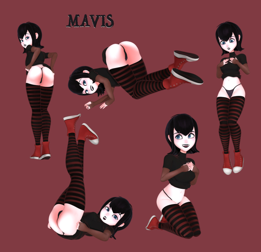 1girls 3d ass black_hair black_lipstick blue_eyes emo fangs female female_only fringe goth hotel_transylvania kneeling looking_at_viewer looking_back mavis_dracula multiple_poses pale-skinned_female pale_skin panties pants_pulled_down petite sharp_teeth shoes short_hair skuddbutt small_ass smile sneakers solo striped_legwear teenager thighhighs thong vampire