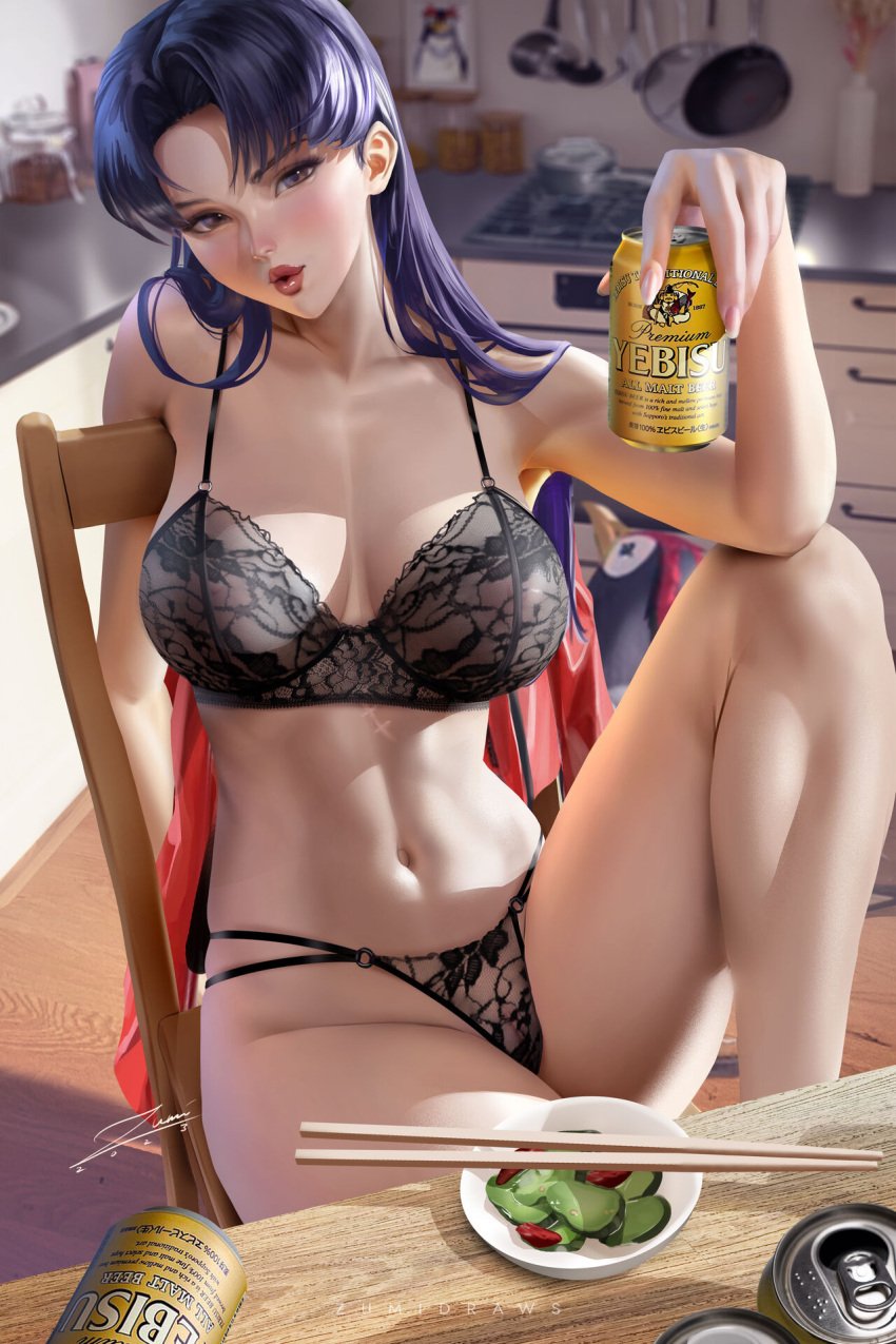 beer beer_can bra brown_eyes kitchen long_hair looking_at_viewer misato_katsuragi neon_genesis_evangelion panties purple_hair sitting zumi