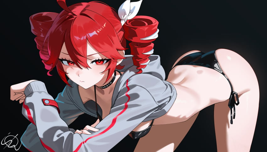 1girls 2d 2d_(artwork) ass bent_over bikini black_background breasts choker female female_only hair_ribbon hoodie kasane_teto kasane_teto_(sv) looking_at_viewer nipples_visible_through_clothing otokakoto red_eyes red_hair skinny slim_waist synthesizer_v thighs twin_drills utau watermark