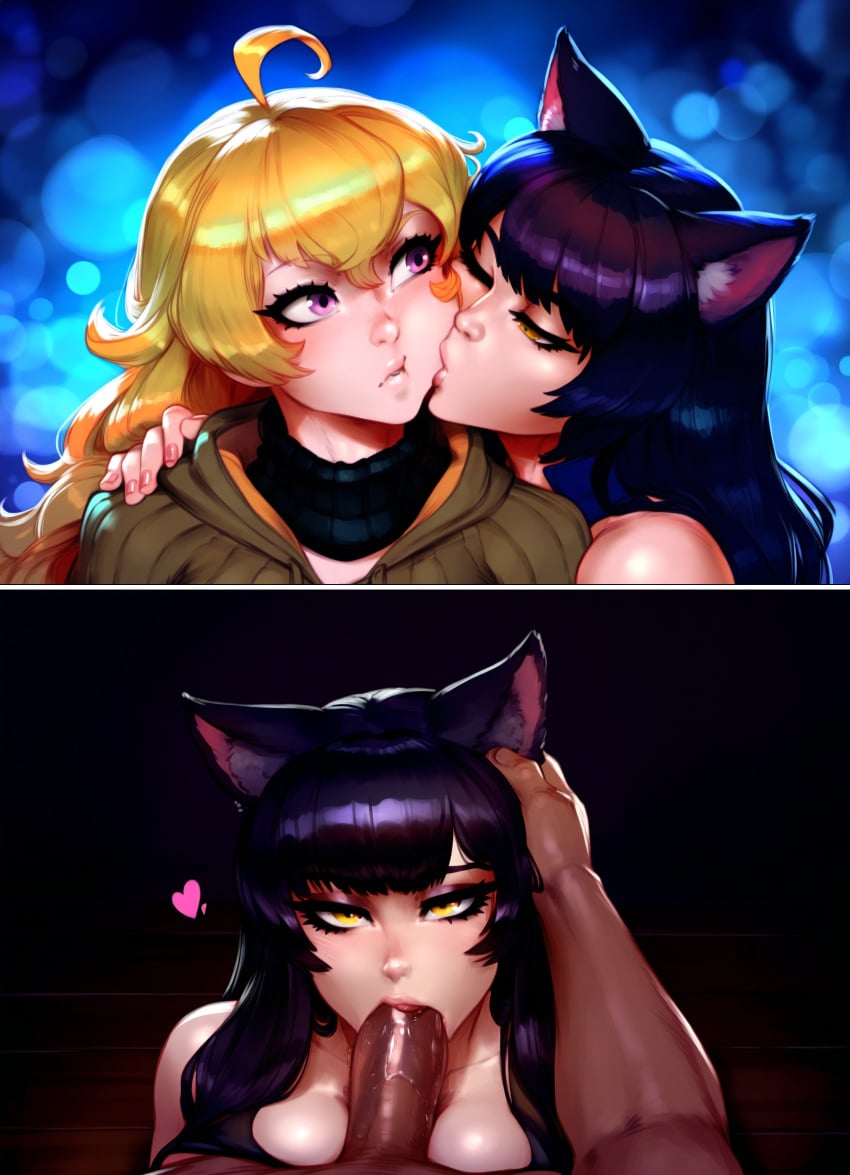 1boy 2girls ahoge ai_generated black_hair blake_belladonna blonde_hair blowjob blush cat_ears catgirl dark-skinned_male drool fellatio hand_on_head heart kissing kuvi0 large_cock large_penis looking_at_viewer male_pov netorare orientation_play petting_head purple_eyes rwby self_upload yang_xiao_long yellow_eyes