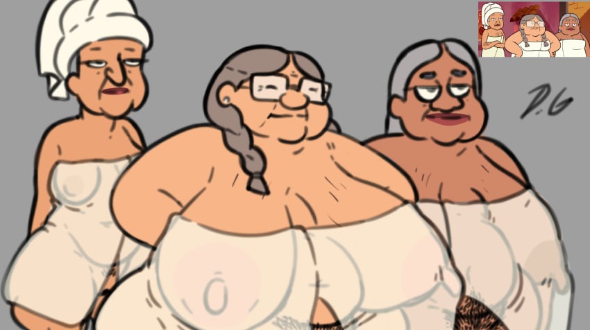 3girls bbw cartoon_network chata_(victor_and_valentino) dickergazer gilf glasses grey_hair old_woman sagging_breasts see-through_towel towel victor_and_valentino