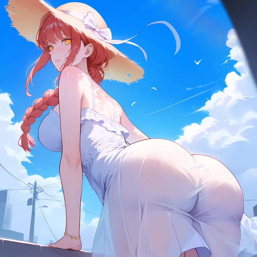 1girls ai_generated arched_back ass ass_focus back_view background bare_shoulders big_ass big_breasts blush body_blush braid braided_hair braided_ponytail casual chainsaw_man clothed clothed_female clothing cloud color cowboy_shot day dress female female_focus female_only frills from_behind from_below hat hi_res highres huge_ass izacru0 large_breasts leaning leaning_forward long_hair looking_at_viewer looking_back looking_down low-angle_view makima_(chainsaw_man) neutral_expression open_mouth outdoors ponytail red_hair see-through see-through_clothing shiny shiny_skin skin_tight sky solo solo_female solo_focus standing straw_hat sundress sweat sweatdrop sweating thick thick_ass very_high_resolution white_clothing white_dress yellow_eyes