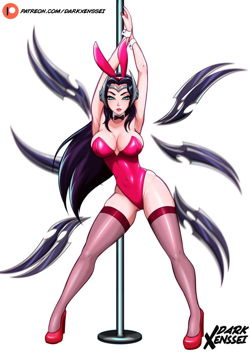 big_breasts big_breasts black_hair blue_eyes bunny_ears bunnysuit high_heels irelia_xan latex_suit league_of_legends long_hair pole_dancing thighhighs