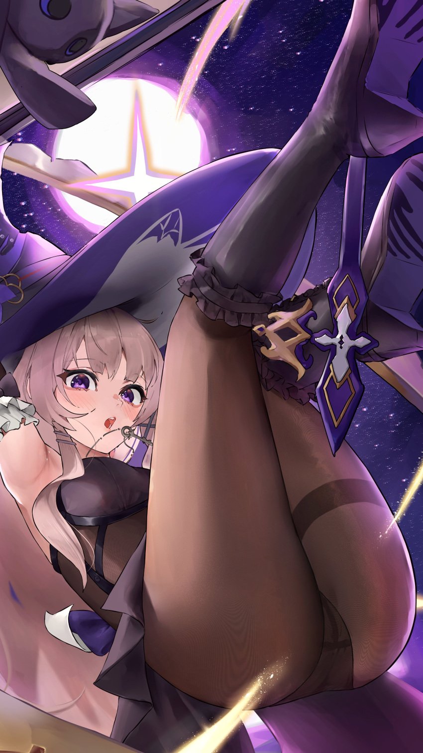 :o armpits ass black_dress black_pantyhose boots breasts brown_hair cameltoe dress female hat herta_(honkai:_star_rail) honkai:_star_rail honkai_(series) knee_boots long_hair looking_at_viewer medium_breasts night night_sky open_mouth panties panties_under_pantyhose pantyhose purple_eyes sky solo the_herta_(honkai:_star_rail) underwear witch_hat yawww_(yawwwart)