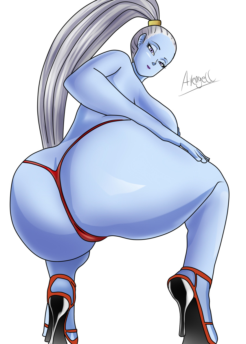 angel ass avengecc big_ass big_breasts blue_skin dat_ass dragon_ball dragon_ball_super high_heels looking_back ponytail squatting thong vados