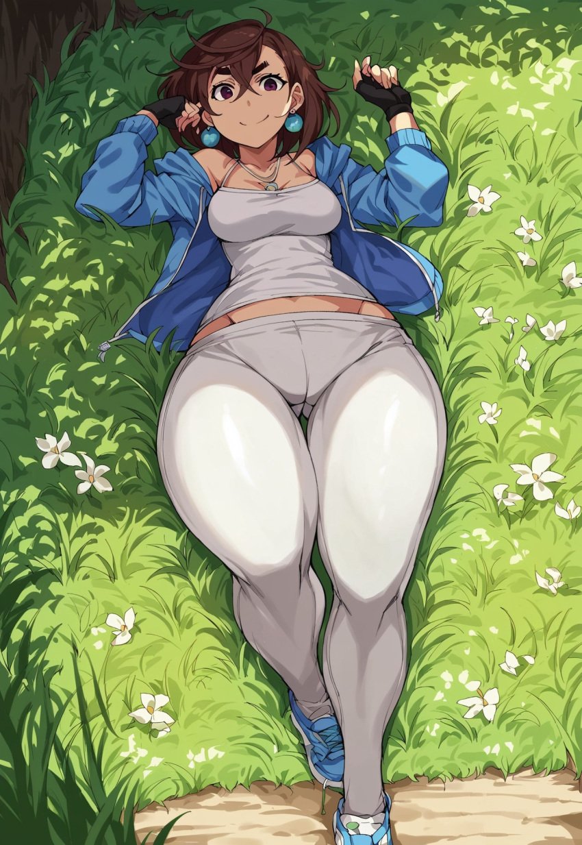 ai_generated ayase_momo big_breasts brown_hair civitai clothed_female dandadan dumptruck_ass dumptruck_butt earings fingerless_gloves hips_wider_than_shoulders jeans laying_down outdoors shoes slim_waist solo_female summer tank_top thick_thighs thunderthighs