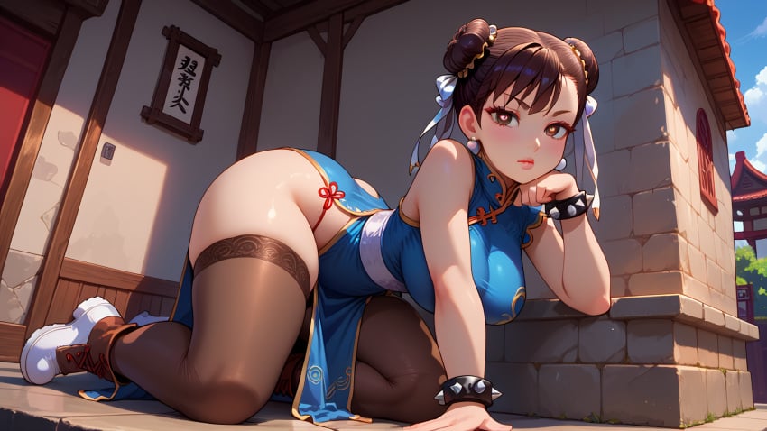 1girls ai_generated blush brown_hair china_dress chun-li earrings hair_bun hair_ribbon hand_on_cheek hanging_breasts huge_ass large_breasts looking_at_viewer on_hands_and_knees outdoors pantyhose shoes slim_waist spiked_bracelet street_fighter thick_thighs thong wide_hips