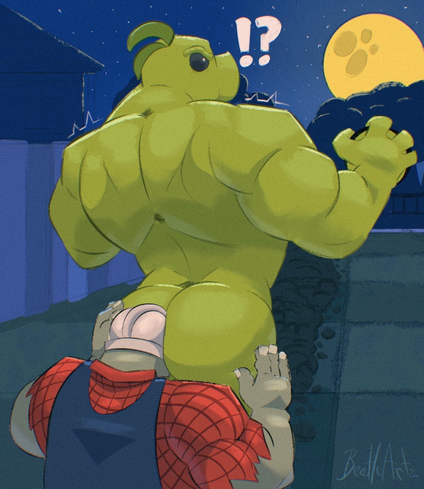 !? 2boys anthro ass ass_grab bara clothed clothed_male clothing duo electronic_arts engineer_(pvz) exclamation_point face_in_ass gay green_body green_skin helmet hi_res humanoid interspecies looking_back male male/male male_only night nude nude_male outdoors peashooter_(pvz) plant plant_boy plants_vs_zombies popcap_games question_mark rimming sex surprised worker zombie zombie_(pvz)