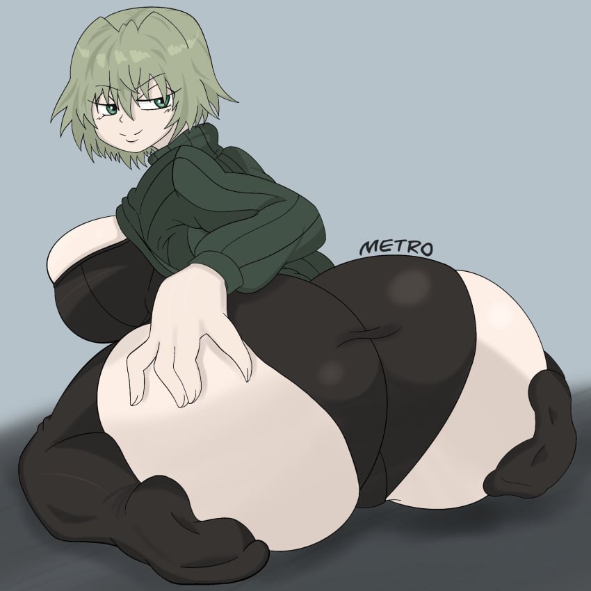 1girls akina-chan artist_name ass big_ass big_breasts black_bra black_pantyhose bra breasts busty clothes_lift come_hither fat_ass feet female female_only from_behind green_eyes green_hair hand_on_own_ass highres huge_ass huge_breasts looking_at_viewer looking_back naughty_face original original_character pantyhose seductive_gaze seductive_smile sensual sitting smile solo sweater sweater_lift thighhighs underwear voluptuous