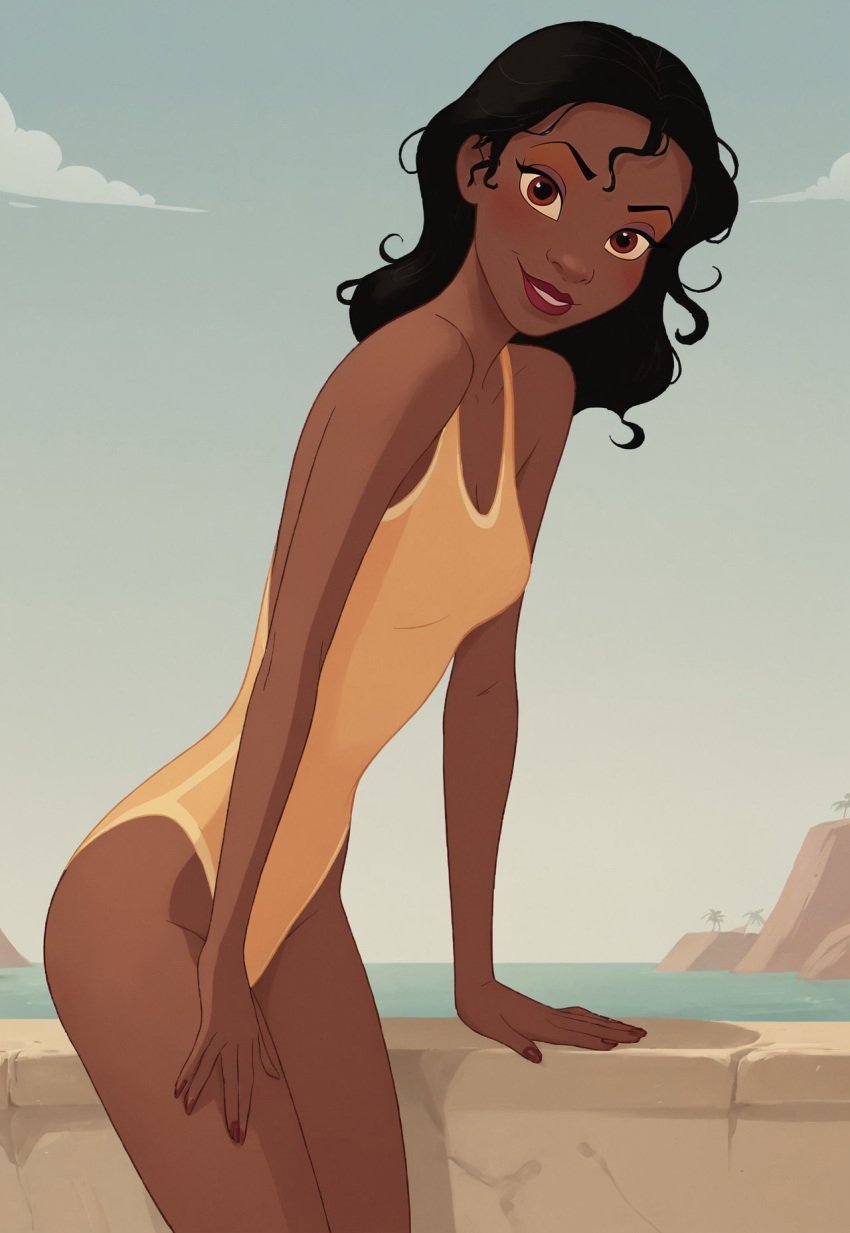 ai_generated arm_support black black_hair brown_eyes cloud dark_skin disney disney_princess female groin hand_on_thigh leaning_forward lips looking_at_viewer medium_breasts ocean one-piece_swimsuit outdoors princess_tiana sandlecrantz_(ai_generator) sky smile the_princess_and_the_frog thighs tiana wall yellow_swimsuit