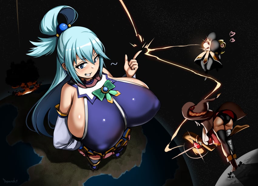 3girls aqua_(konosuba) ass black_hair blonde_hair blue_eyes blue_hair darkness_(konosuba) destruction dgenerate9 giantess huge_breasts kono_subarashii_sekai_ni_shukufuku_wo! long_hair macro magic megumin moon planet space