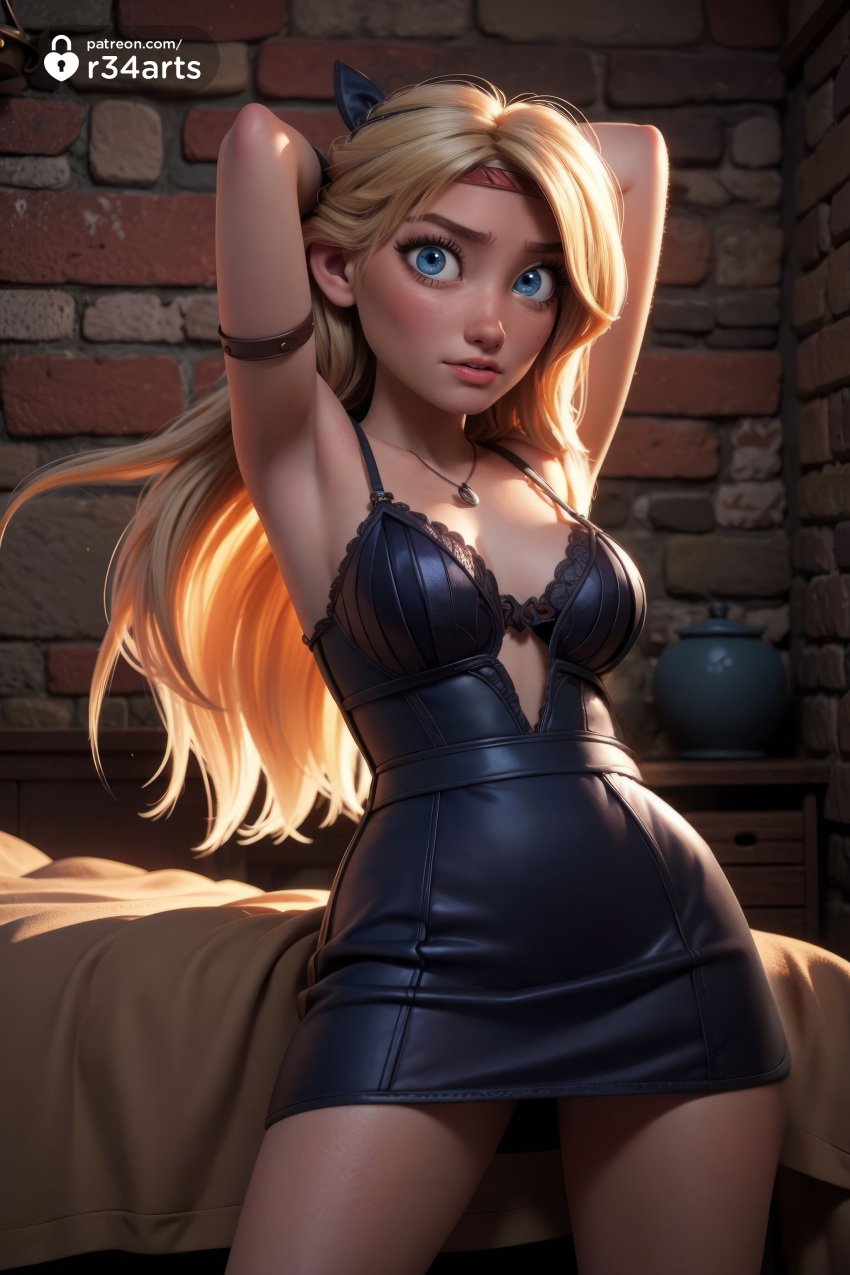 1girls ai_generated armband armpits arms_behind_head arms_up artist_name astrid_hofferson black_bra blonde_hair blue_eyes bow bra breasts cleavage cowboy_shot dreamworks dress hairbow headband hi_res how_to_train_your_dragon indoors jewelry lips long_hair looking_at_viewer medium_breasts necklace nose r34arts short_dress solo underwear