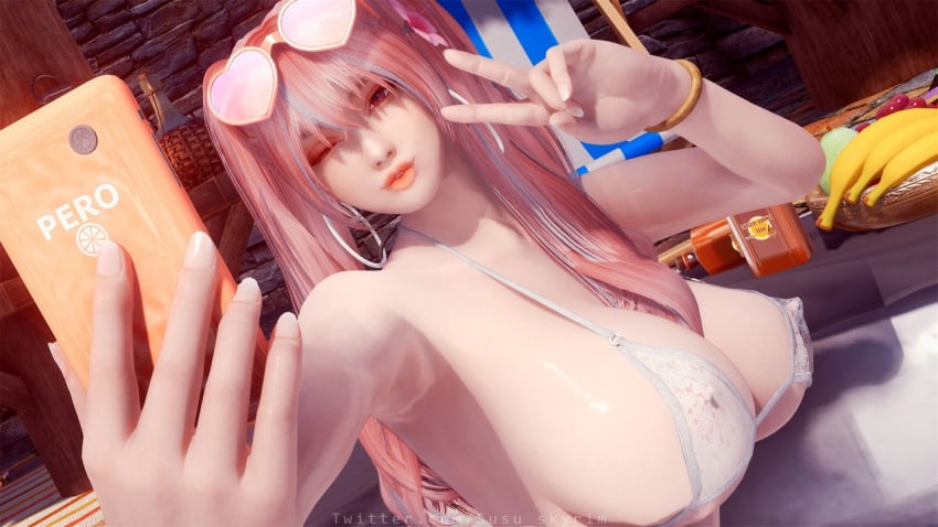 1girls 3d 3d_render big_breasts bikini blue_highlights female hoop_earrings large_breasts long_hair multicolored_hair phone pink_eyes pink_hair solo sunglasses sunglasses_on_head susu_skyrim twintails v_sign