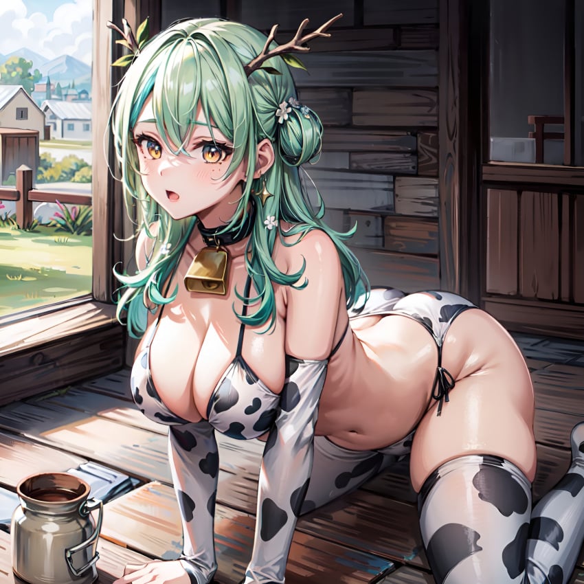 1girls ai_generated all_fours antlers arbitrary ass barn belly belly_button ceres_fauna cleavage cow_print cowbell cowkini doggy_style flower_in_hair green_hair hi_res hololive hololive_english hololive_english_-council- hololive_english_-promise- large_breasts milk milk_can stable_diffusion stomach virtual_youtuber yellow_eyes