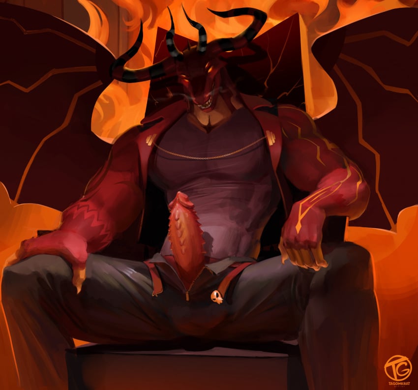 2024 4_eyes 4_horns anthro balls_outline big_muscles bottomwear bulge clothed clothing demon demon_dragon detailed_bulge dragon erection european_mythology fully_clothed genital_outline genitals helluva_boss hi_res horn male membrane_(anatomy) membranous_wings multi_eye multi_horn muscular muscular_anthro muscular_male mythological_creature mythological_scalie mythology pants pecs penile_spines penis red_body red_scales satan_(helluva_boss) scales scalie shirt sitting_on_throne solo tagonkrat tank_top topwear western_dragon winged_dragon wings