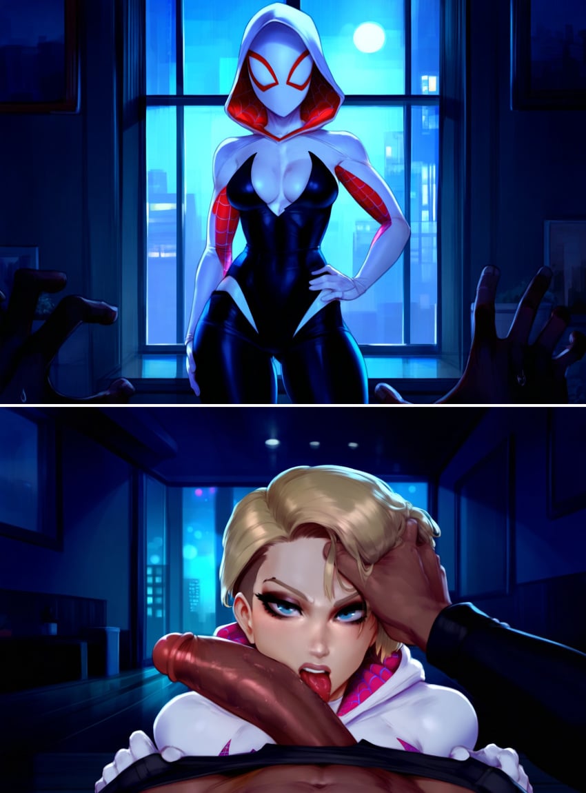 ai_generated blonde_hair blue_eyes dark-skinned_male gwen_stacy hand_on_head kuvi0 large_penis licking_penis male_pov maledom marvel marvel_comics miles_morales self_upload skin_tight spider-gwen