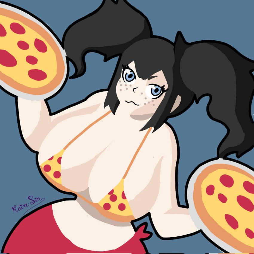 1girls big_breasts bikini black_hair blue_eyes breasts breasts_bigger_than_head cleavage fair_skin freckles holding_object holding_pizza huge_breasts kairasin pizza pizza_bikini pizza_delivery_girl red_skirt tips_(gats) twintails unique_style