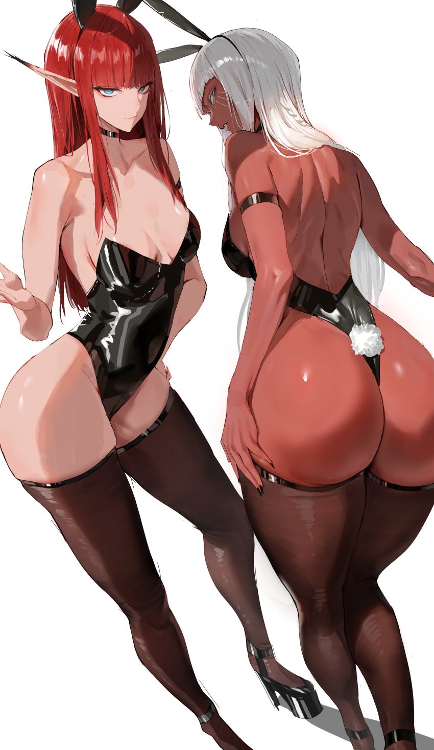 2girls animal_ears animal_tail ass back bangs bare_back bare_shoulders black_choker black_footwear black_legwear black_leotard black_nails black_thighhighs blue_eyes blunt_bangs breasts brigitta_lycaon bunny_ears bunny_girl bunny_tail bunnysuit choker cleavage closed_mouth clothing covered_navel curvaceous dark-skinned_female dark_skin detached_collar eiselin_burchelli_meijal_hulkenberg eiselin_hulkenberg elf fake_animal_ears fake_tail female femboss footwear from_behind full_body hand_on_hip heels hi_res high_heels highleg highleg_leotard katou_kouki large_ass large_breasts legwear leotard light_skin long_ears long_hair looking_at_viewer looking_back medium_breasts metaphor:_refantazio multiple_girls navel playboy_bunny pointed_ears red_hair rororo shiny_skin shoes sidelocks simple_background skindentation skinny smile standing straight_hair strapless strapless_leotard tail thick_thighs thighhighs thighs very_long_hair white_background white_hair wrist_cuffs