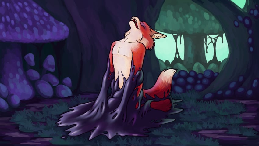 anthro arms_restrained black_slime canid canine forest forest_background fox goo_creature hi_res humanoid male male_only mammal nature nature_background plant rowan_crimes slime slime_on_body slime_on_ground solo tree