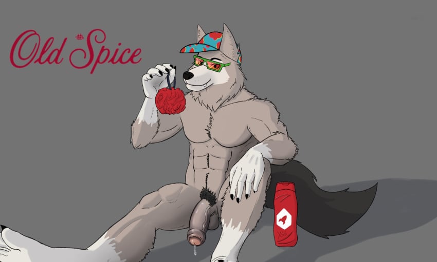 anthro canine daveyote half-erect hat humanoid_penis male male_only mammal mascot muscular muscular_male old_spice penis precum simple_background solo uncut wolf wolfthorn_(old_spice)